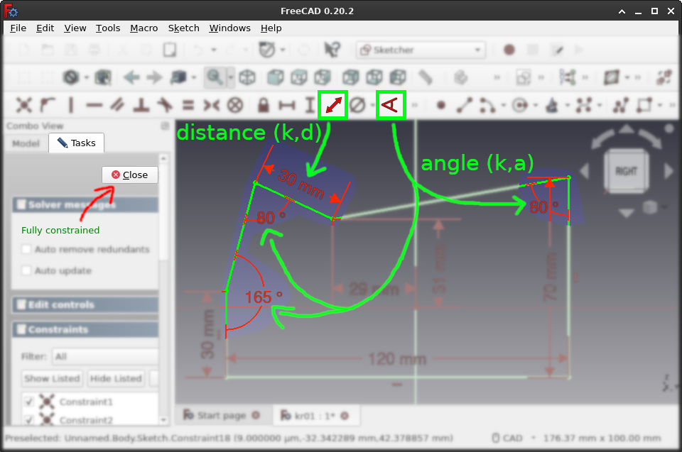 Angle and general distance constraints