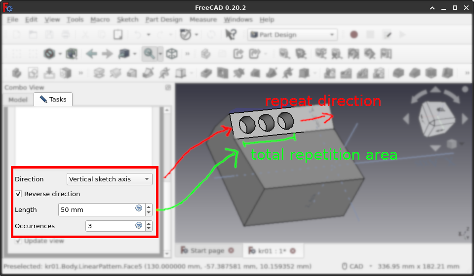 Choose repetition axis, total area, and repeats