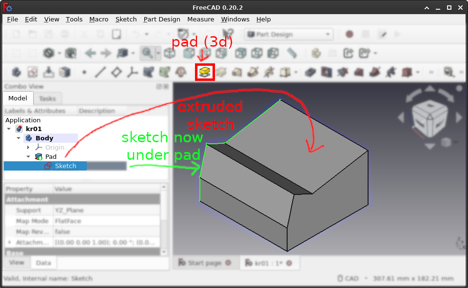 Admire the extruded (padded) sketch in 3d